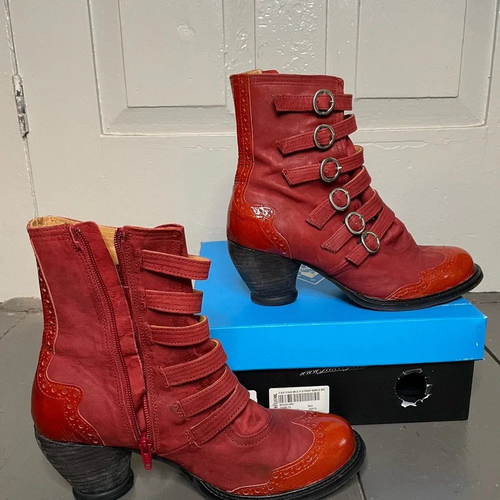 John Fluevog Red Boots with Buckles - Picture 2 of 6
